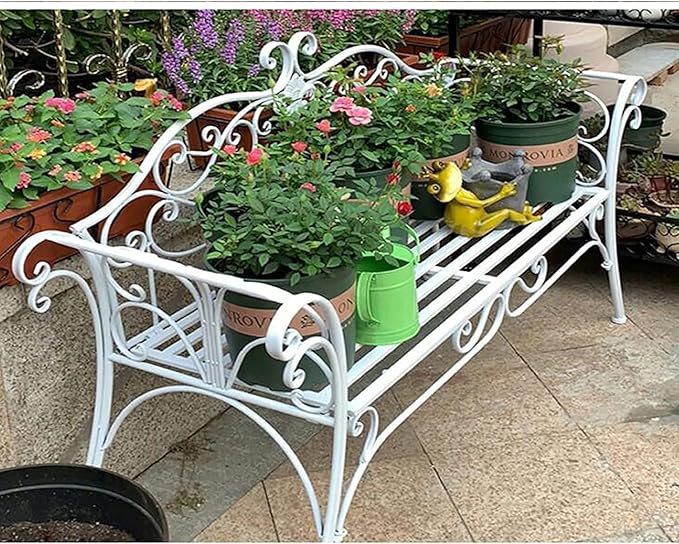 Park Bench Patio Garden Bench Backyard Benches, Metal Garden Bench Seat Park Chair Patio Decoration Furniture, Beautiful Shabby Vintage Outdoor Bench with Backrest (Color : Blue)
