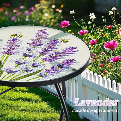 MUMTOP Outdoor End Tables for Patio, Lavender Small Round Side Table, Glass Accent Table for Outside, Garden, Balcony, Porch, Indoor Home Decor