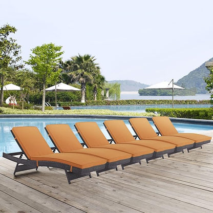 Modway Convene Wicker Rattan Outdoor Patio Chaise Lounge Chairs in Espresso Orange - Set of 6