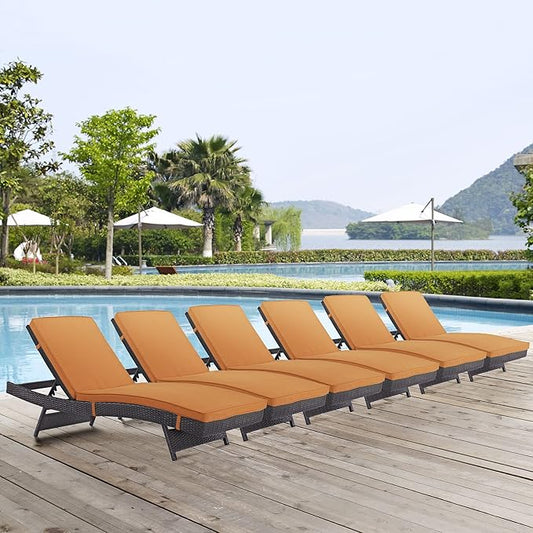 Modway Convene Wicker Rattan Outdoor Patio Chaise Lounge Chairs in Espresso Orange - Set of 6