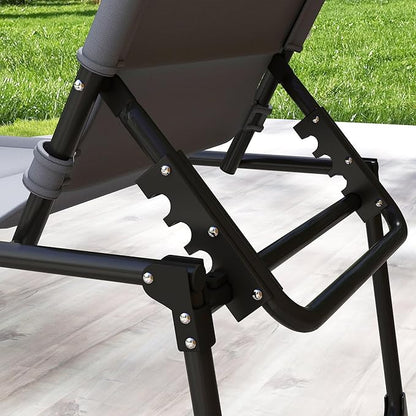 Outsunny 2 Pieces Outdoor Lounge Chair, Adjustable Backrest Folding Chaise Lounge, Cushioned Tanning Chair with Sunshade Roof & Pillow Headrest for Beach, Camping, Hiking, Gray