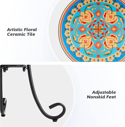 VONLUCE Patio Side Table and Plant Stand, 21" End Table with 14" Ceramic Tile Top for Porch Garden Decor, Indoor & Outdoor Accent Table, Living Room Bedroom Balcony Furniture for Home Garden, Faberge