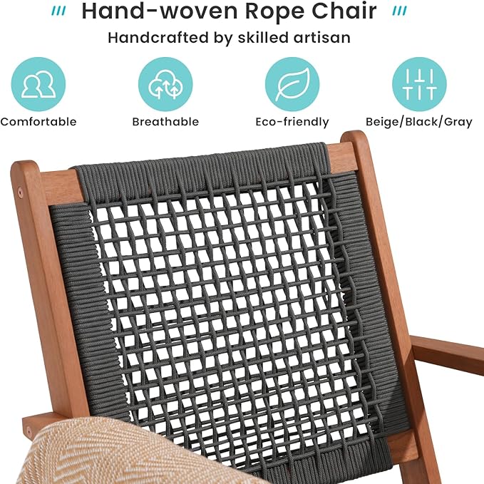 Verano Garden Modern Acacia Wood Lounge Chair Set of 2, Accent Armchair with Handwoven Rope for Living Room, Bedroom - Photo 4