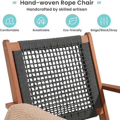Verano Garden Modern Acacia Wood Lounge Chair Set of 2, Accent Armchair with Handwoven Rope for Living Room, Bedroom, Patio, Balcony-Beige/Black (Grey)
