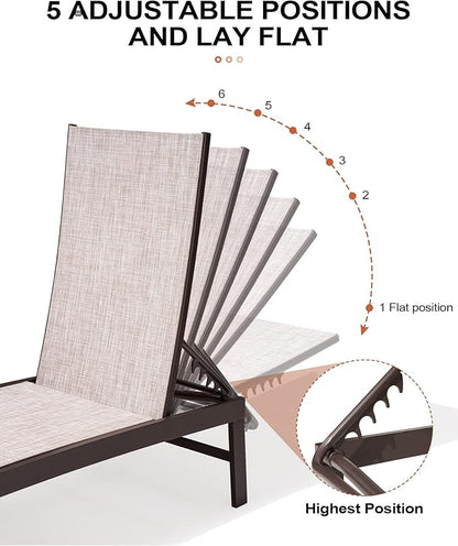Crestlive Products Lounge Chair Outdoor Set of 2, Metal Pool Chaise Lounge Chairs, Adjustable Five-Position Tanning Recliner, All Weather for Patio, Beach, Yard, Pool (Beige)