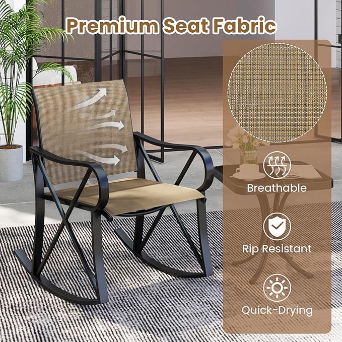 Tangkula 3 Piece Patio Rocking Set, 2 Rocking Chairs with Tempered Glass Side Table, Small Patio Furniture Set with Smooth Rocking Motion, Outdoor Rocker Chairs Bistro Set for Porch, Balcony (Brown)