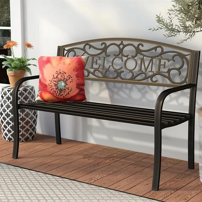 50" Outdoor Garden Bench, Iron Metal Frame Patio Bench with Backrest Armrests, Weatherproof Anti-Rust Outdoor Bench for Front Porch, Park, Yard, Patio (403-GOLDEN)