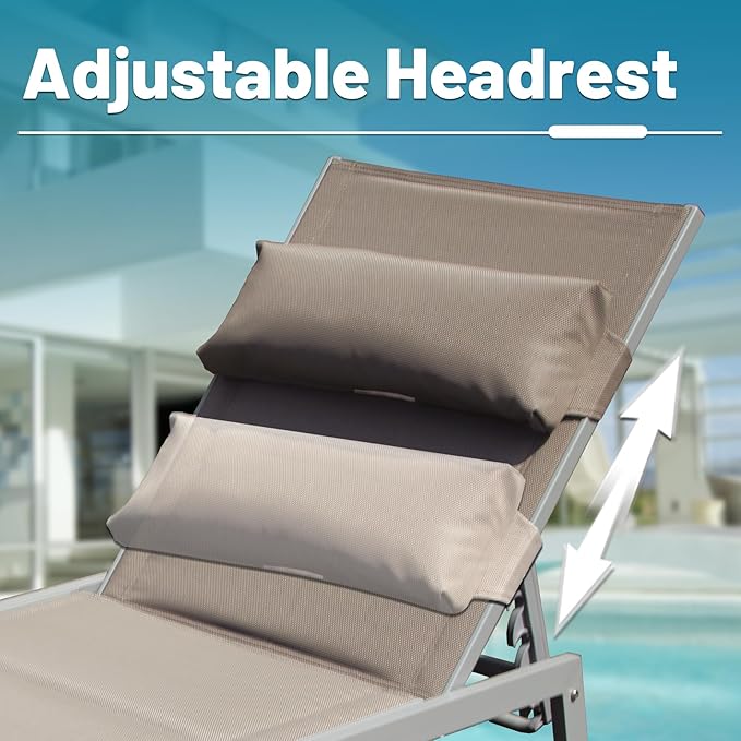Domi Patio Chaise Lounge Set of 3, Outdoor Lounge Chair, Aluminum Textilene Padded 5 Position Pool Lounger, Stackable Lounge Chair w/Headrest, Wheels, Side Table, for Beach Backyard Lawn, Khaki
