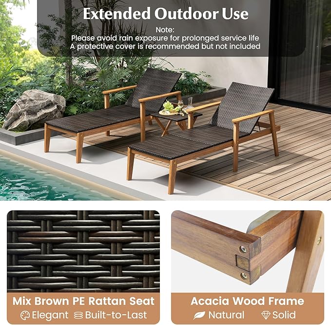 Tangkula Outdoor Chaise Lounge Chair, Rattan Patio Recliner with Armrests & 4-Level Backrest Adjustment, Cushioned Acacia Wood Patio Lounge Chair for Poolside, Backyard, Balcony