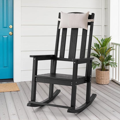 Outdoor Rocking Chair, Patio Rocking Chairs with High Back and Armrest, All Weather Oversized Porch Rocking Chairs 400 lbs Support, Black Rocking Chair with Headrest Footrest for Porch Backyard Garden