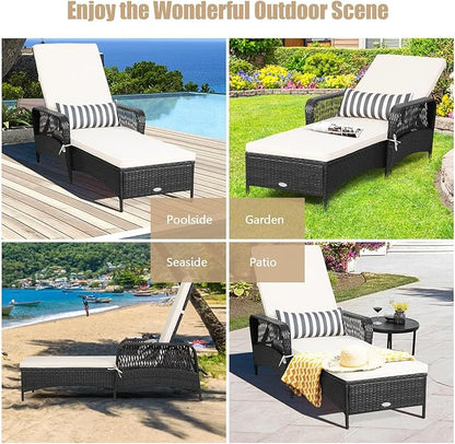 HAPPYGRILL Patio Chaise Lounge Chair Set of 2, Outdoor Rattan Wicker Recliner with Thick Cushion, Lumbar Pillow, Adjustable Backrest for Garden Porch Lawn Poolside