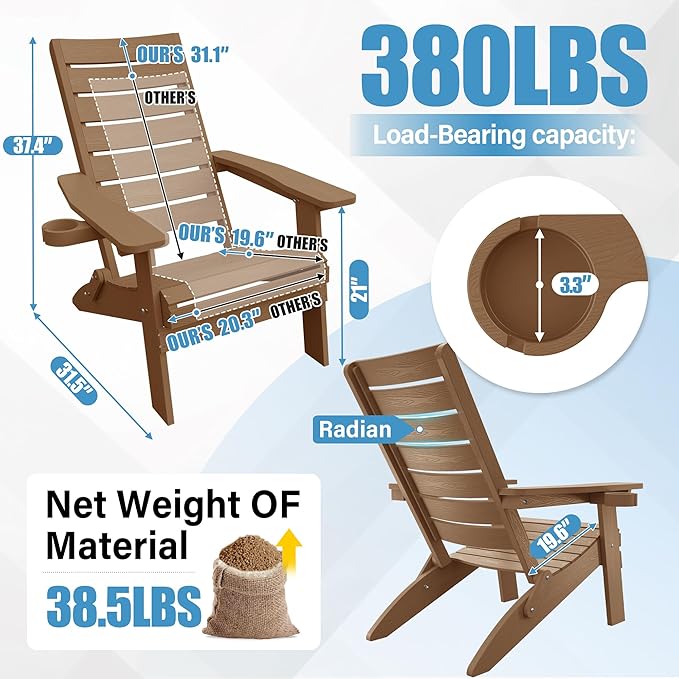 YEFU Folding Adirondack Chairs Set of 4, Oversized Outdoor Patio Chair with Cup Holder & Arc Back, Weather Resistant Plastic Lawn Chair for Garden Backyard Deck Fire Pit, Teak