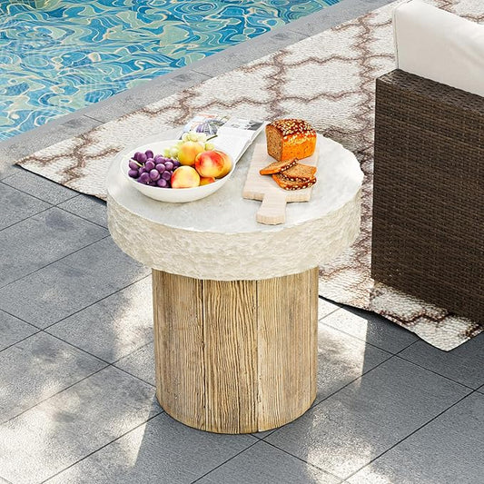 HOMPUS Outdoor Dining Table, Concrete Coffee Table Round, 20 inches with MgO Tabletop, Antique Beige for Patio, Garden, Backyard