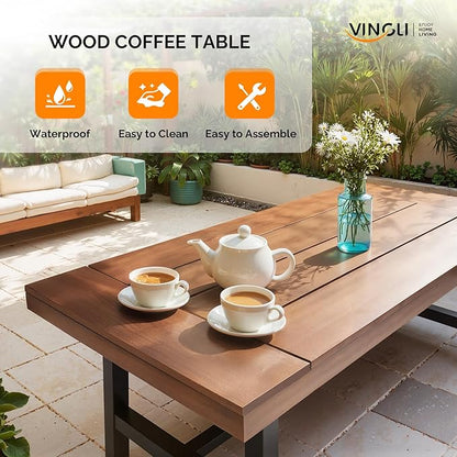VINGLI Outdoor Wooden Coffee Table, Metal Frame Heavy Duty Patio Coffee Table for Outside, All Weather Solid Wood Low Outdoor Table for Balcony Porch and Deck, Rectangle