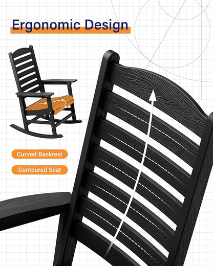YEFU Outdoor Rocking Chair Set of 2,Poly Porch Rocker with Curved Backrest,All Weather Patio Rocking Chair,Like Real Wood,for Indoor,Lawn, Backyard,Garden,Heavy Duty,Weight Capacity 380lbs(Black)