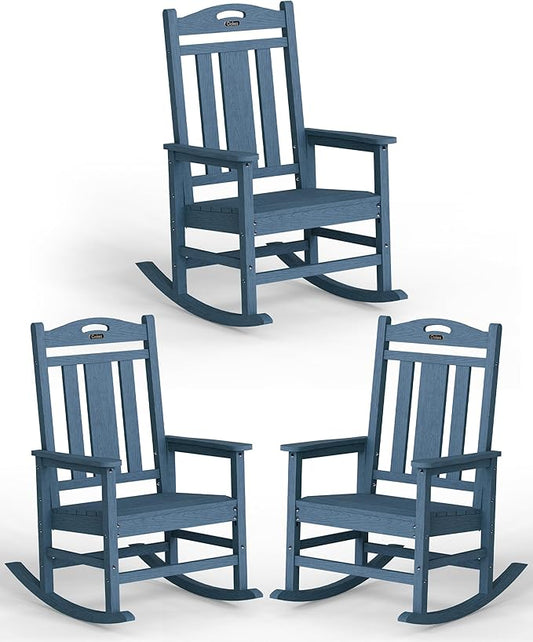 Ciokea Oversized Outdoor Rocking Chairs Set of 3, 380lbs Heavy-Duty Large Patio Rocker, High Back Cozy Porch Chairs, Weather Resistant Patio Rocking Chairs for Outside, Fire Pit, Deck, Slate Blue