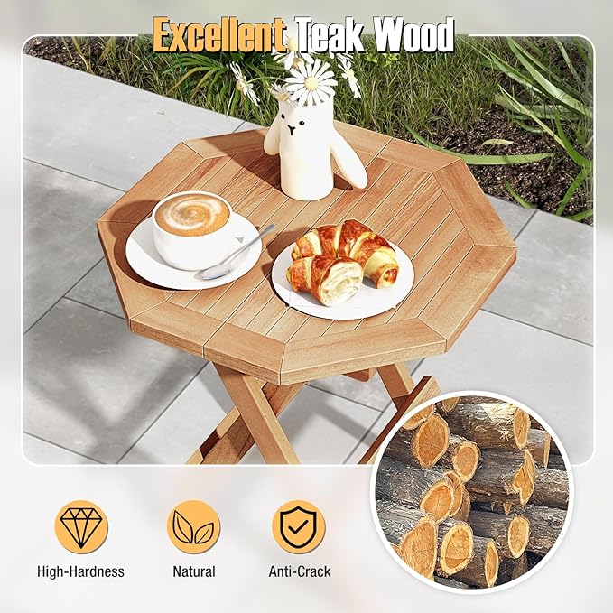 Tangkula Patio Folding Side Table, Teak Wood Octagon Coffee Table w/X-Shaped Legs & Slatted Tabletop, Portable & Compact Outdoor End Table for Backyard, Deck, Lawn