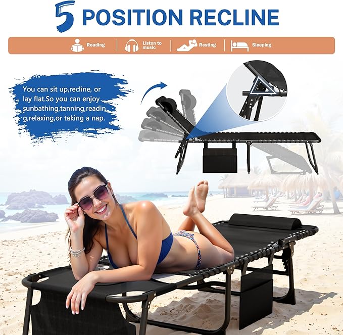 Devoko Beach Lounge Chair, Outdoor Sun Tanning Chair with Face Hole, Heavy Duty Folding Portable Lay Chaise Lounge Chairs for Outside Beach Pool Camping Patio, Black