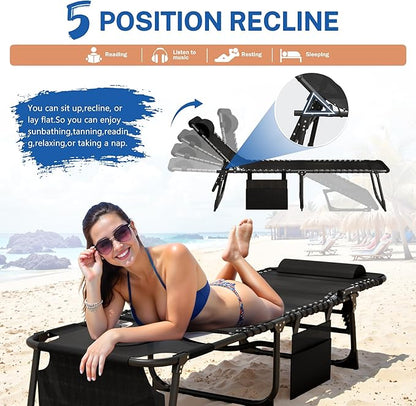 Devoko Beach Lounge Chair, Outdoor Sun Tanning Chair with Face Hole, Heavy Duty Folding Portable Lay Chaise Lounge Chairs for Outside Beach Pool Camping Patio, Black