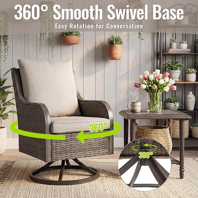2 Pieces Patio Furniture Sets-Swivel Patio Chairs with High Back Cushions and Wicker Outdoor Side Table,All Weather Patio Conversation Set for Garden Backyard Porch Deck