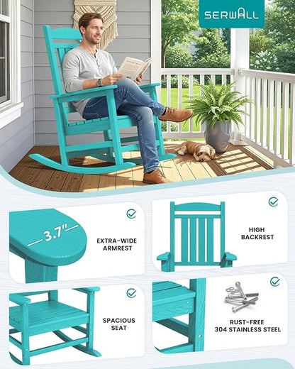 SERWALL HDPE Outdoor Rocking Chair Set of 2, Patio Rocking Chairs, All-Weather Porch Rockers for Adults, Aruba Blue