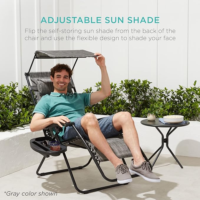 Best Choice Products Folding Zero Gravity Outdoor Recliner Patio Lounge Chair w/Adjustable Canopy Shade, Headrest, Side Accessory Tray, Textilene Mesh - Pink