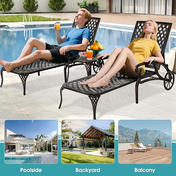 HOMEFUN Chaise Lounge Chair Outdoor, Poolside Lounger Outside Cast Aluminum Tanning Chairs with Adjustable Backrest and Moveable Wheels, Bronze