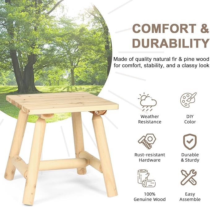 Outdoor Adirondack Log Side Table, 19.5" Thick Wooden Patio Square End Table with Slatted Tabletop - Photo 7