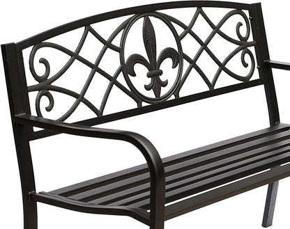 Outdoor Garden Patio Steel Park Bench Lawn Decor with Cast Iron Unique Design Back, Black Seating Bench for Yard, Patio, Garden, Balcony, and Deck