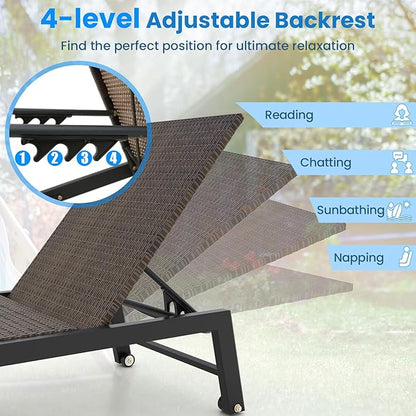 Tangkula PE Wicker Patio Chaise Lounge Chair, Outdoor 4-Position Recliner with Wheels, Outdoor Reclining Chair for Poolside, Backyard and Deck (2, Mix Brown)