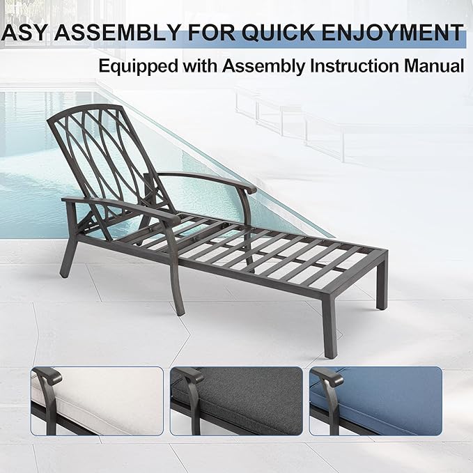 2 Chaise Lounge Chairs with 1 Side Table, Cast Aluminum Tanning Chair with Adjustable 5 Position Recliner - Photo 6