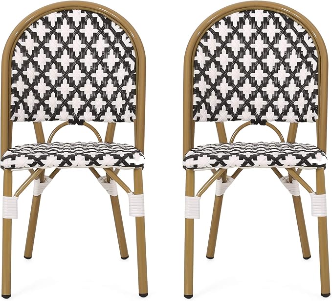 Christopher Knight Home Anastasia Outdoor French Bistro Chair (Set of 2), Black + White + Bamboo Print Finish - Photo 1