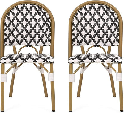 Christopher Knight Home Anastasia Outdoor French Bistro Chair (Set of 2), Black + White + Bamboo Print Finish