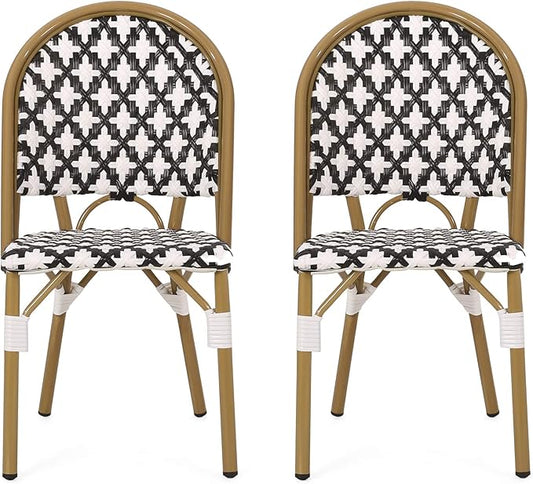 Christopher Knight Home Anastasia Outdoor French Bistro Chair (Set of 2), Black + White + Bamboo Print Finish