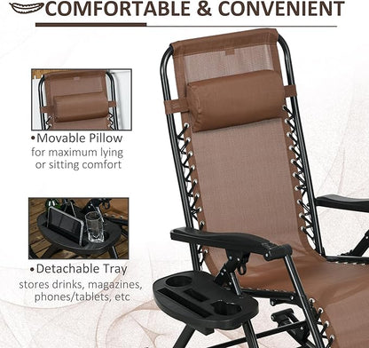 Outsunny Set of 2 Outdoor Rocking Chairs, Foldable Reclining Zero Gravity Lounge Rocker with Pillow, Cup & Phone Holder, Combo Design with Folding Legs, Brown