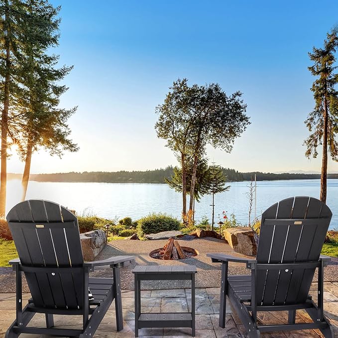 Adirondack Chairs Set of 2, All Weather Resistant Plastic Chairs with Cup Holder, 5 Easy Steps to Install, Outdoor Chairs for Patio, Garden, Backyard Deck, Lawn, Fire Pit - Black