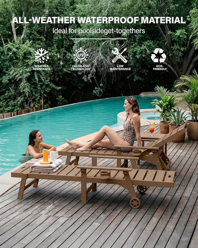 YEFU Lounge Chair Outdoor Set of 2: Outdoor Chaise Lounge with 5-Level Adjustable Backrest, Cup Holders & Wheels, All-Weather Resistance Chaise Lounge for Outside/Patio/Beach/Deck, Teak