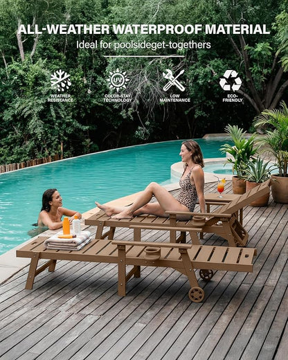 YEFU Lounge Chair Outdoor Set of 2: Outdoor Chaise Lounge with 5-Level Adjustable Backrest, Cup Holders & Wheels, All-Weather Resistance Chaise Lounge for Outside/Patio/Beach/Deck, Teak