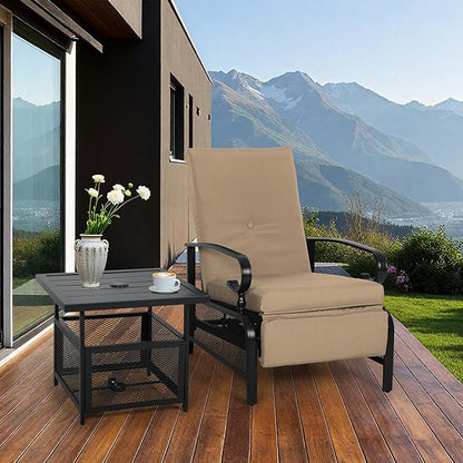Incbruce 2 Pieces Outdoor Lounge Recliner Set, Adjustable Metal Recliner Sofa Chair and Umbrella Stand Side Square Table Suitable for Garden, Pool, Yard (Brown)