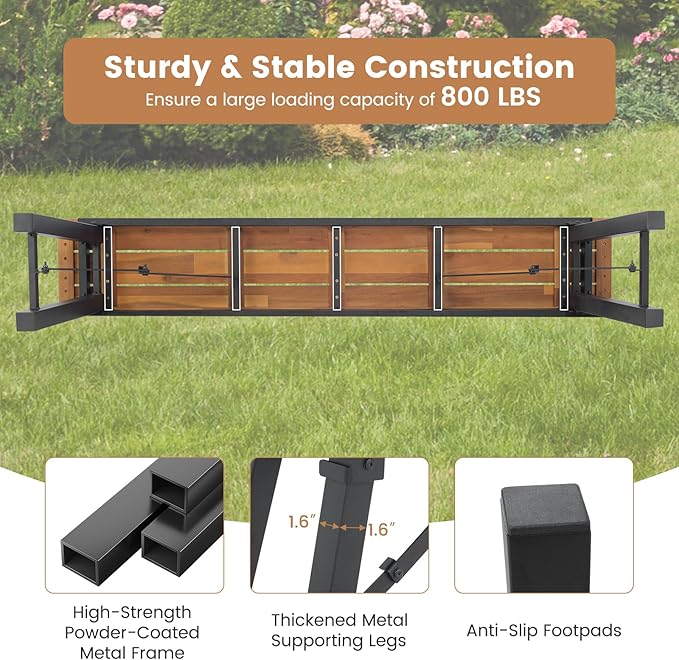 HAPPYGRILL Folding Picnic Bench Set of 2, 55” Long Rectangular Wooden Dining Camping BBQ Benches, Portable Acacia Wood Bench w/Metal Frame, Outdoor Indoor Bench Seat for Porch Garden Yard Patio Deck