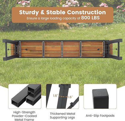 HAPPYGRILL Folding Picnic Bench Set of 2, 55” Long Rectangular Wooden Dining Camping BBQ Benches, Portable Acacia Wood Bench w/Metal Frame, Outdoor Indoor Bench Seat for Porch Garden Yard Patio Deck