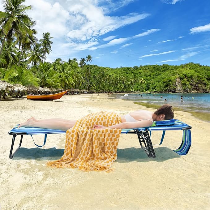 COSTWAY Tanning Chair with Face Hole, Pillows & Adjustable Backrest, Portable with Carrying Bag, Folding Beach Chaise Lounge for Sunbathing, Seaside (2, Blue & Green)