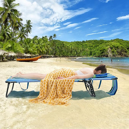 COSTWAY Tanning Chair with Face Hole, Pillows & Adjustable Backrest, Portable with Carrying Bag, Folding Beach Chaise Lounge for Sunbathing, Seaside (2, Blue & Green)