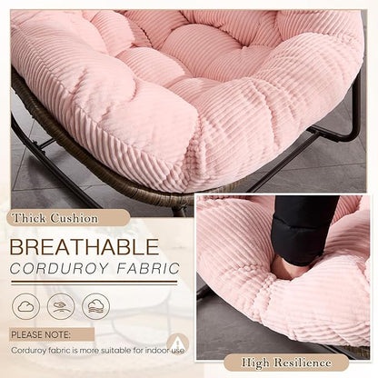 Large Indoor Rocking Chair, Oversized Rocking Papasan Chair with Thick Cushion and Frame,Comfy Corduroy Rocker Wicker Egg Chairs Lounge Reading Chair for Living Room, Bedroom, Apartment, Pink