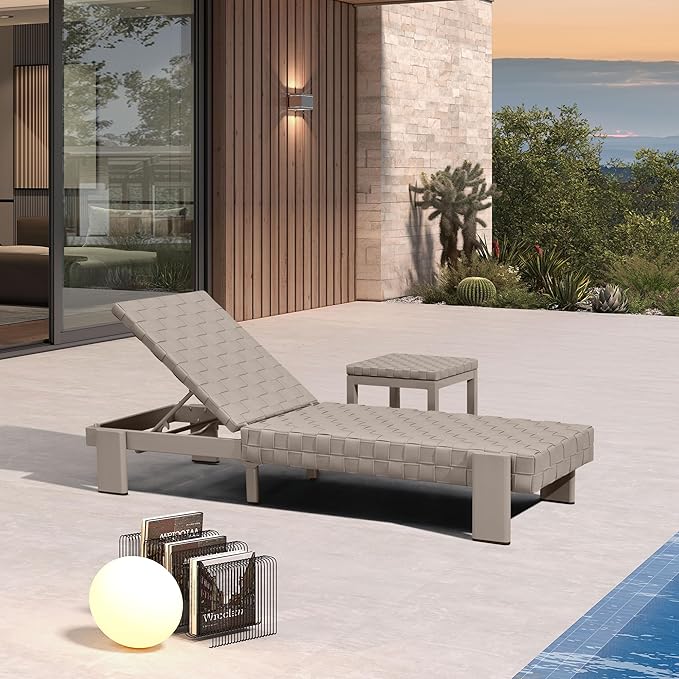 PURPLE LEAF Patio Lounge Chair Modern Outdoor PU Leather Style Chaise Lounge 1 Piece with Side Table Adjustable - Photo 1