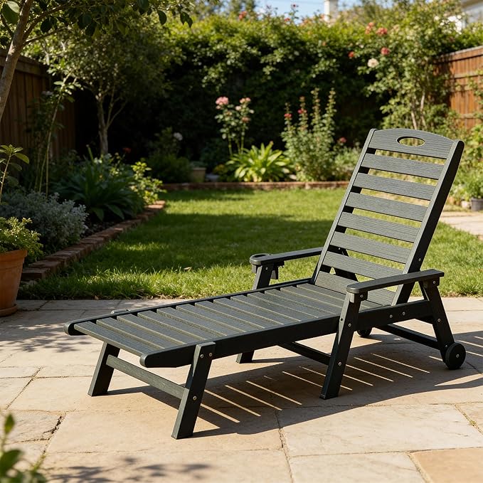 Domi Patio Lounge Chair Outdoor, HDPE Outdoor Chaise Lounge with Reclining Backrest, Pool Lounger Chair for Outside, Poolside, Sunbathing Tanning, Grey