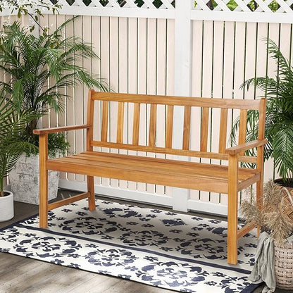 Wooden Garden Bench, Outdoor Bench Acacia Wood with Slatted Seat, Comfy Backrest & Armrest, 2-Person Loveseat Patio Bench for Porch Balcony Backyard Park, 800 LBS Max Load (48” x 22" x 34")