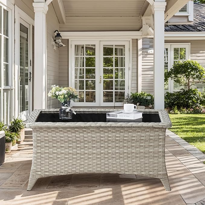 Outdoor Coffee Table - Patio Rattan Wicker Coffee Table with Tempered Glass Top Outdoor Table for Deck Porch Balcony Garden - Light Grey
