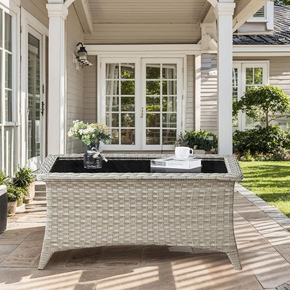 Outdoor Coffee Table - Patio Rattan Wicker Coffee Table with Tempered Glass Top Outdoor Table for Deck Porch Balcony Garden - Light Grey