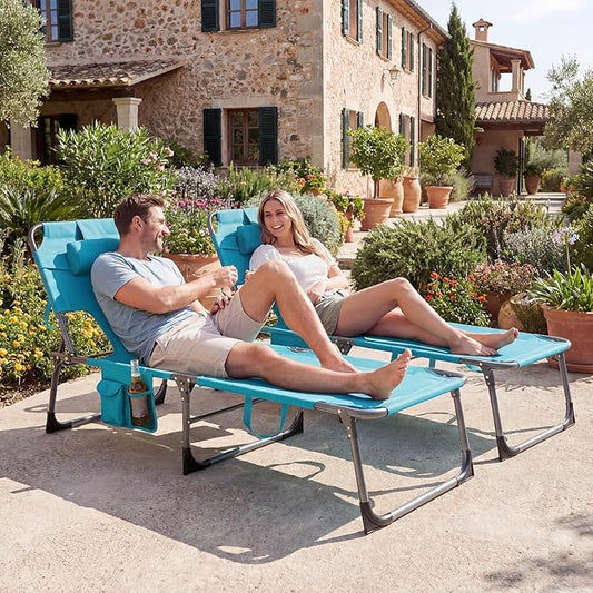 GYMAX Tanning Chair with Face Hole, Sun Bathing Lounge Chairs for Outside with Side Pocket, Folding Portable Face Down Layout Tanning Chair Beach, Backyard, Poolside, Lawn (Turquoise,2)